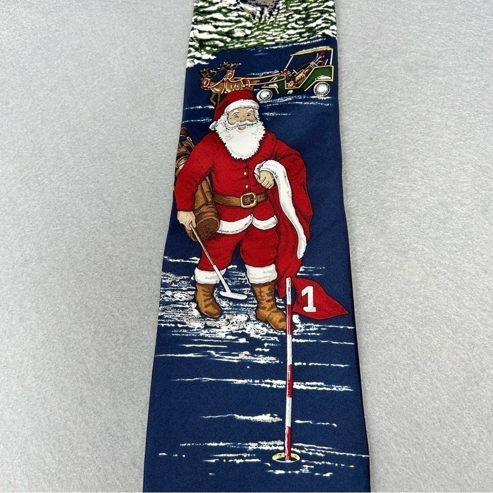 American Traditions Christmas Santa Golfing Silk Necktie Tie - Navy Blue, USA.
